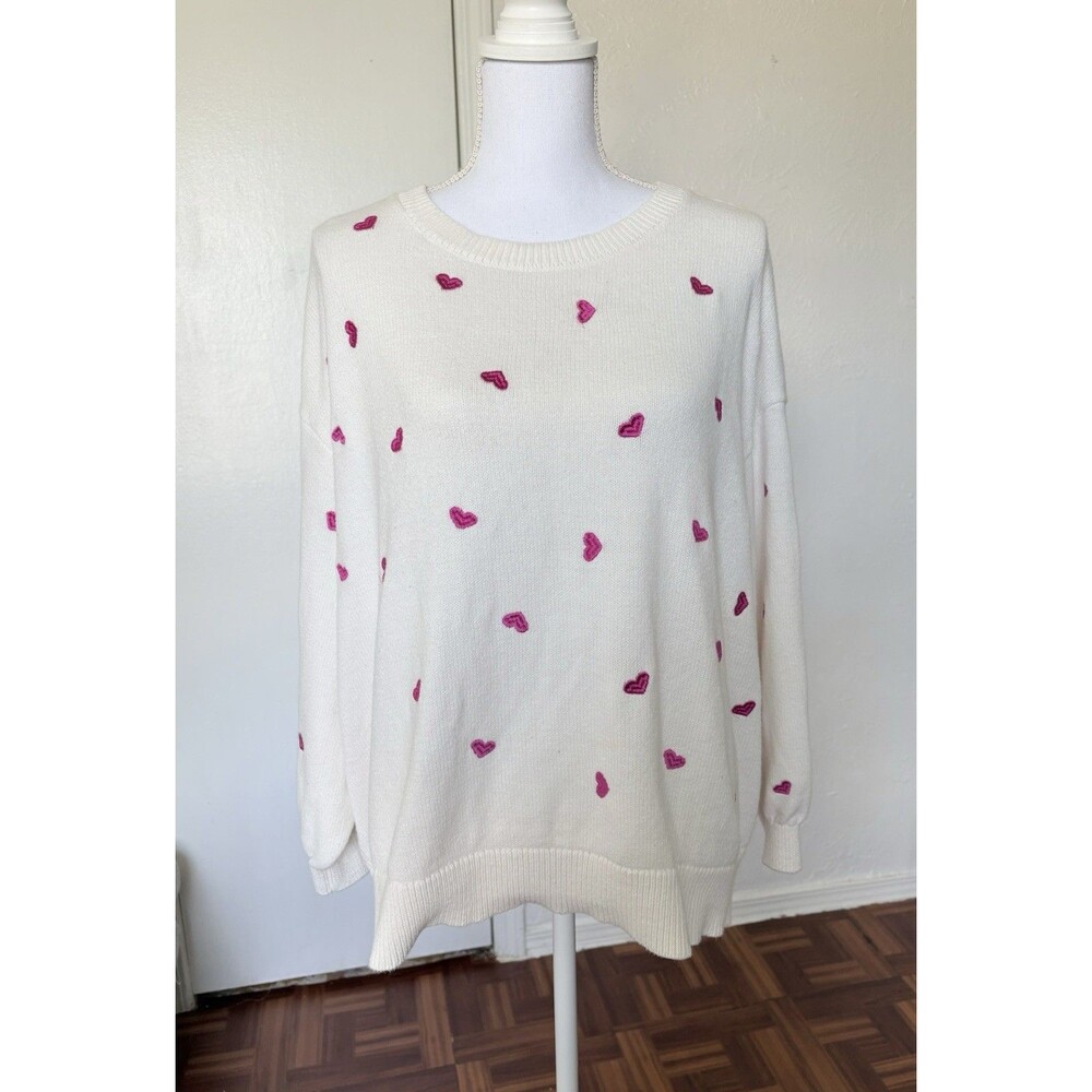 Terra & Sky Cream & Fuchsia Embroidered Heart Knitted Sweater Size 2X